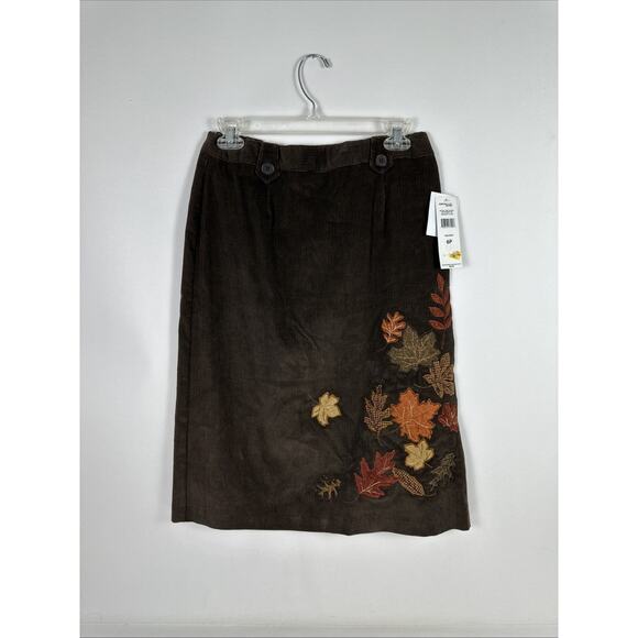 NWT NortonStudio Petites Corduroy Brown Fall Leaves Midi Skirt Size 6P Vintage - Picture 2 of 16